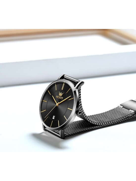 Women\'s Black Mesh Stainless Steel Slim Thin Waterproof Round Luxury Wrist Watch main image 4